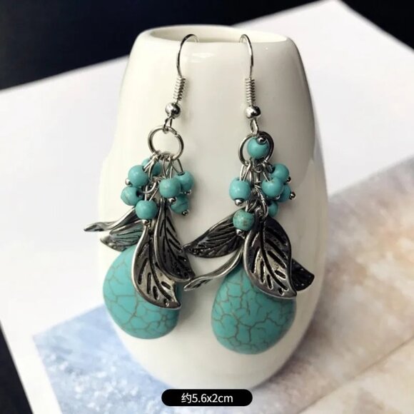 2/$24 Turquoise Teardrop Dangle Earrings With Silver Leaf & Bead Accents - Picture 1 of 6
